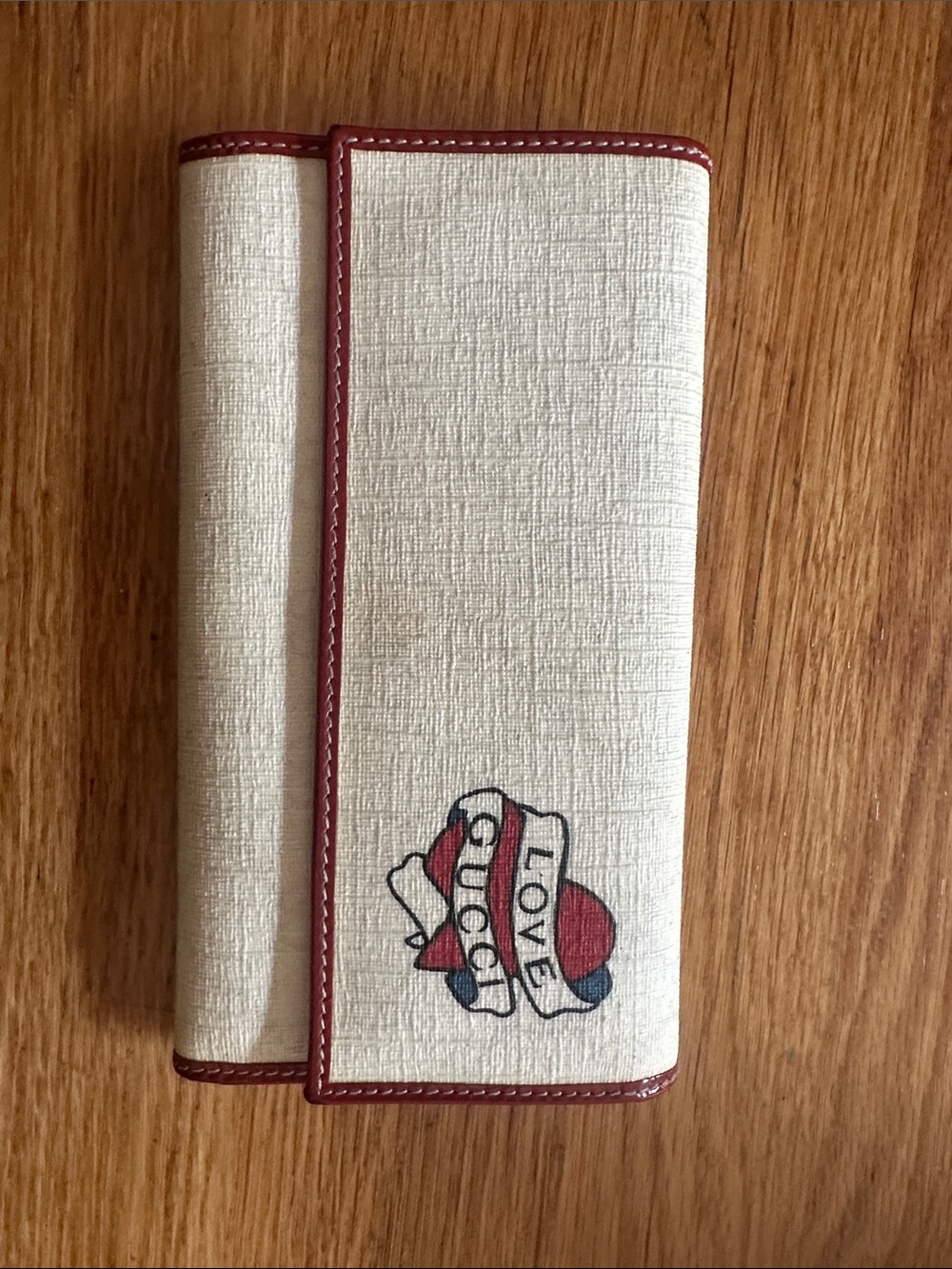 Gucci Cream Canvas Continental Wallet with Red Trim and Heart Motif